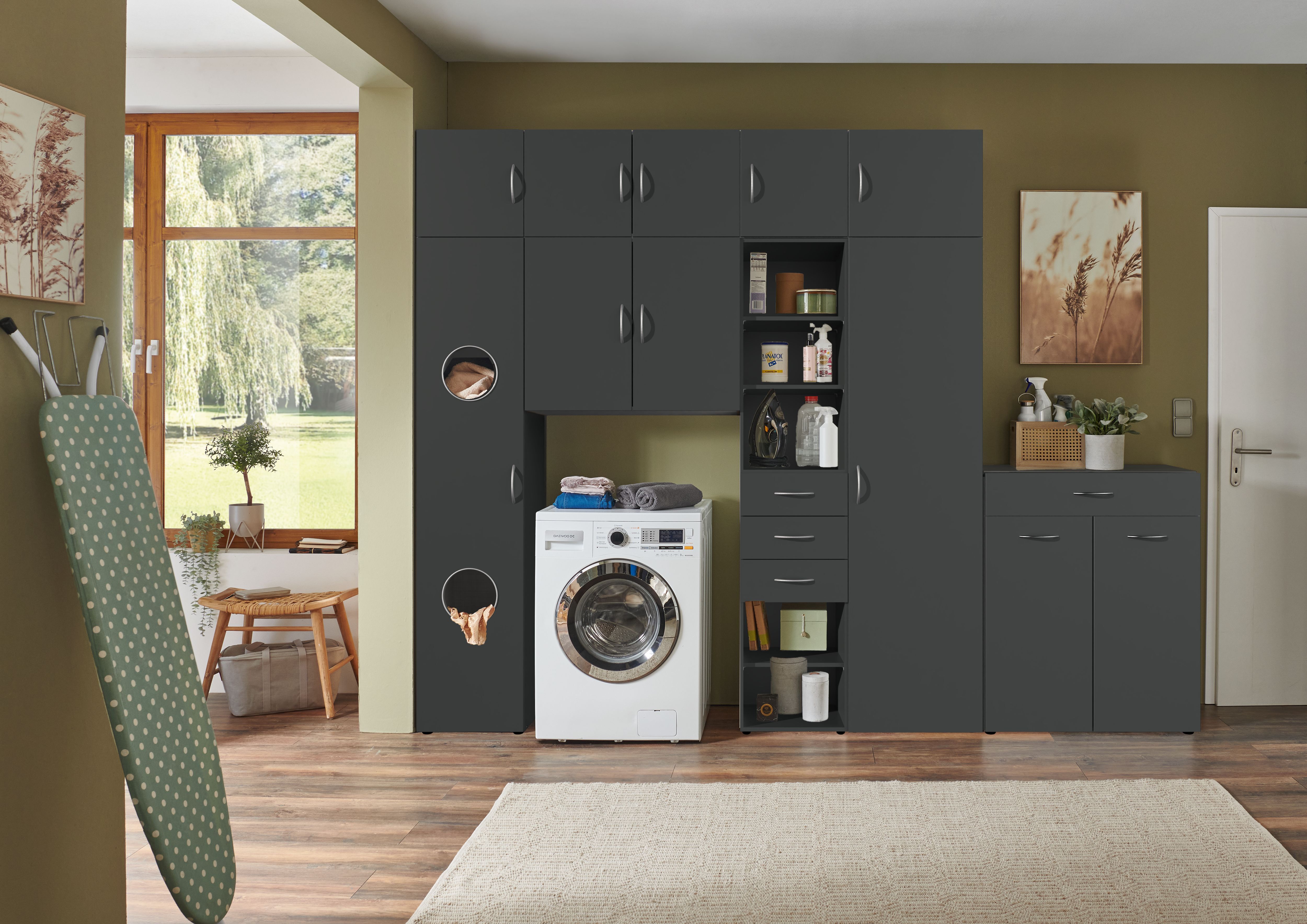 Mehrzweckschrank WIMEX "Multiraumkonzept, praktische Waschmaschinenlösung, Breite: 280cm", schwarz (grafit), B:280cm H:225cm T:40cm, Schränke, Mehrzweckschrank, erhältlich in den Farben grafit oder weiss grafit Grafit, B/H/T: 280cm x 225cm x 40cm