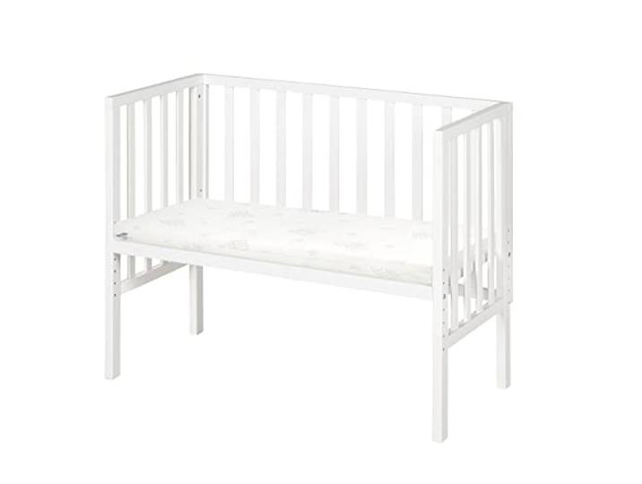 roba Beistellbett safe asleep® 2 in 1-45 x 90 cm - Höhenverstellbar - Komplettes Anstellbett mit Matratze + Mesh Barriere - Bett Set für Babys - Holz weiß