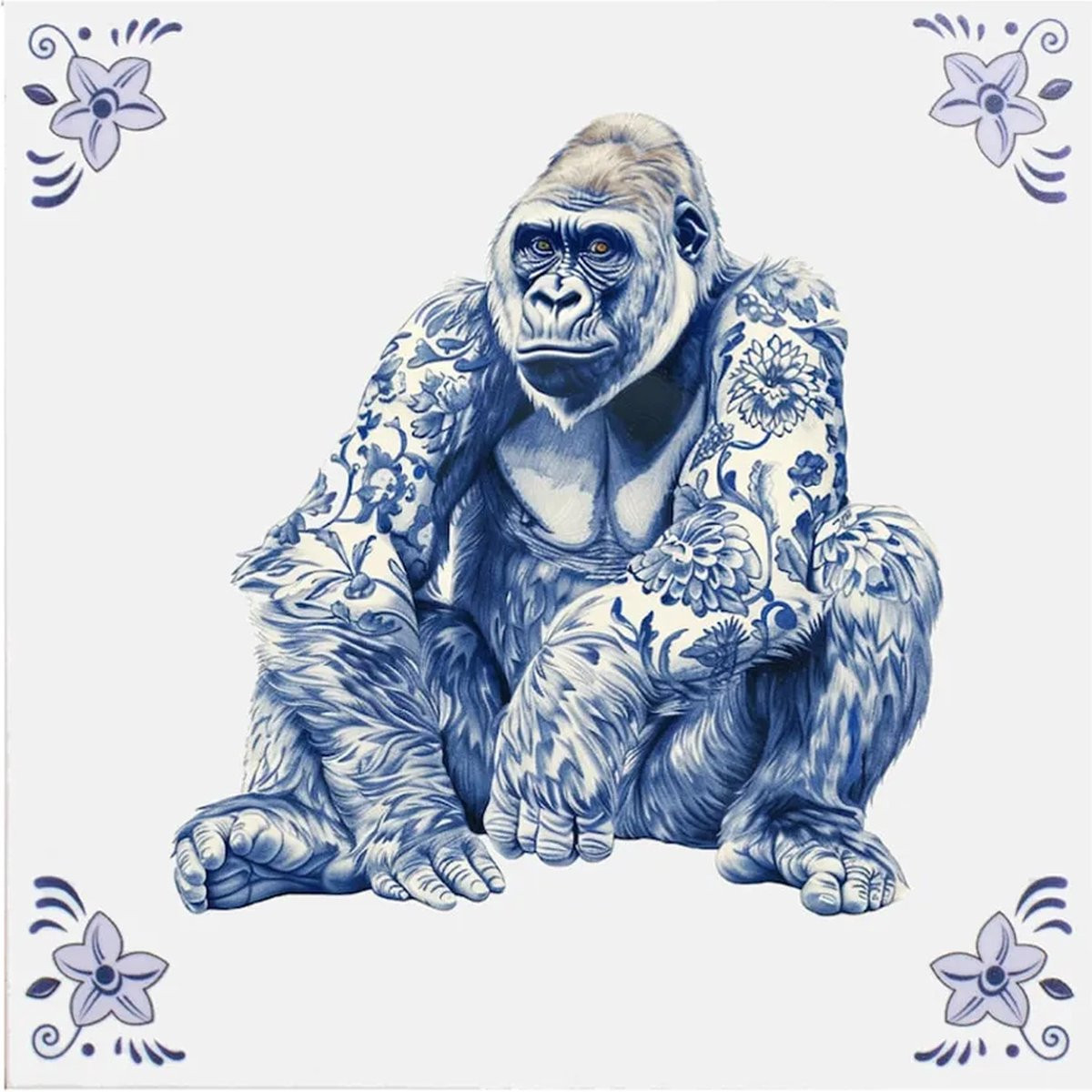Delfts blauw wandbord Gorilla - Decoratieve wanddecoratie