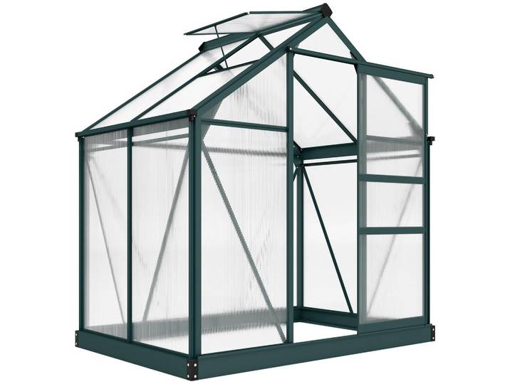ComfortXL Gewächshaus De-11891 Polycarbonat mit Dachluke & Regenrinne Dunkelgrün, Grün, Kunststoff, 132x201x190 cm, Gartenzubehör, Gartenhäuser & Gewächshäuser