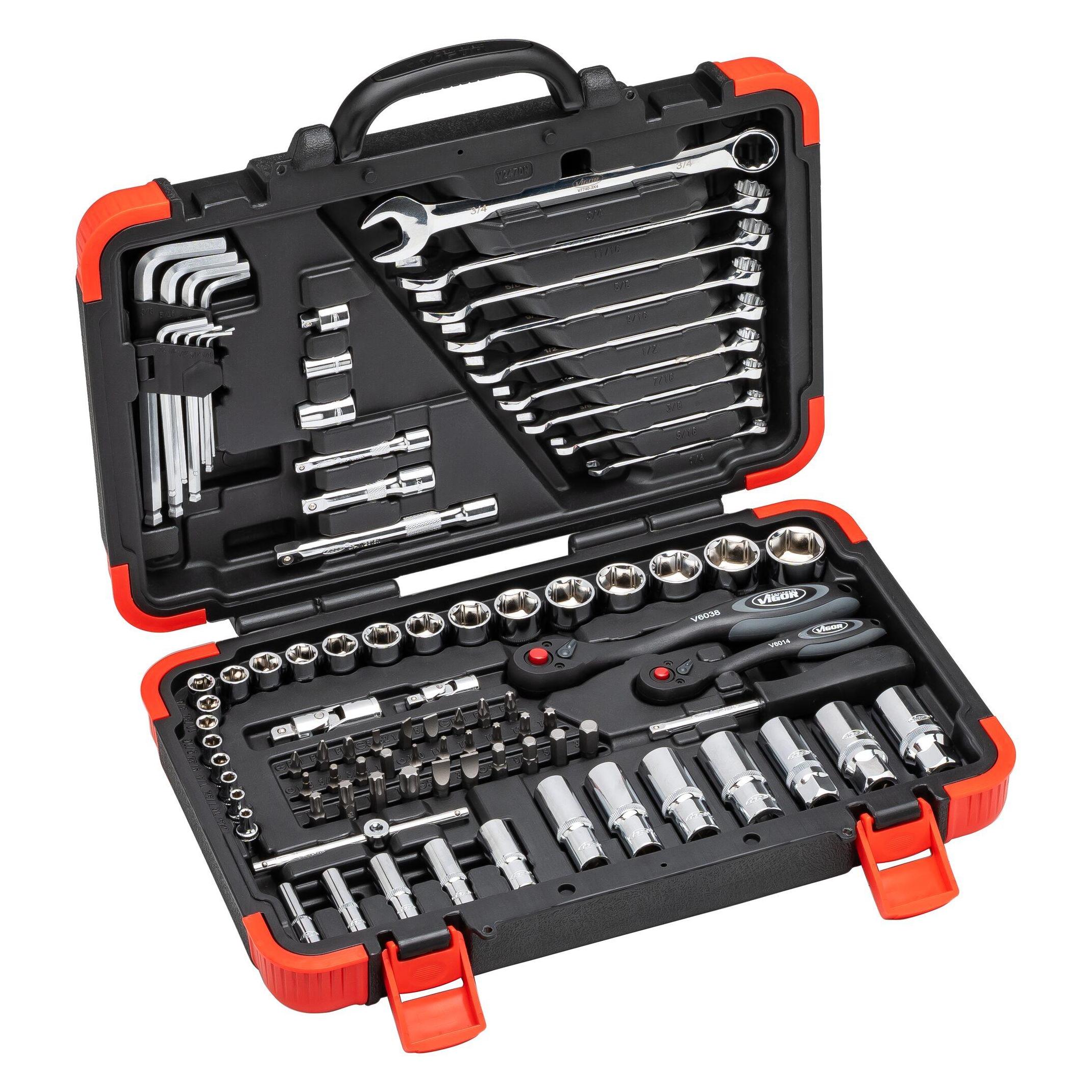 Vigor Werkzeugkoffer V2470N 5/16 Zoll (8 mm) Sechskant, 1/4 Zoll (6,3 mm) Vierkant, 3/8 Zoll (... (92 Teile) (V2470N)