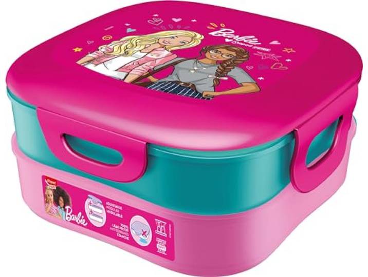 Maped Picnik Barbie-ontbijtbox, 2 modulaire vakken, waarvan 1 waterdicht vak, eenvoudige reiniging in de vaatwasser - 1,4 l - officiële Barbie-licentie, roze
