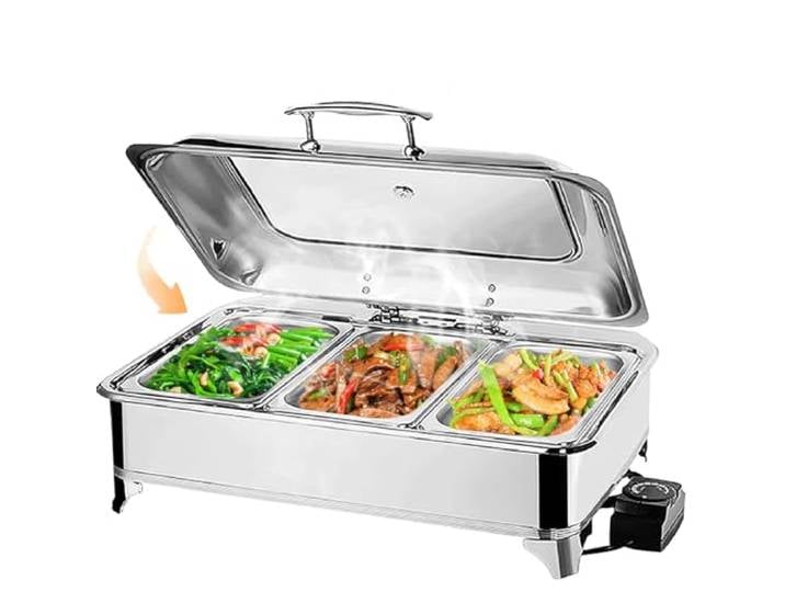 VFDZ Chafing Dish Elektrisch 9L (A, 1/3 PAN) Catering Warmhaltebehälter Temperatureinstellknopf, Rechteckiger Chafing Dish Set Speisenwärmer mit Sichtbarem Glasdeckel
