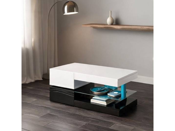 Table basse LED noir et blanc 90x45 cm design contemporain panneaux de particules