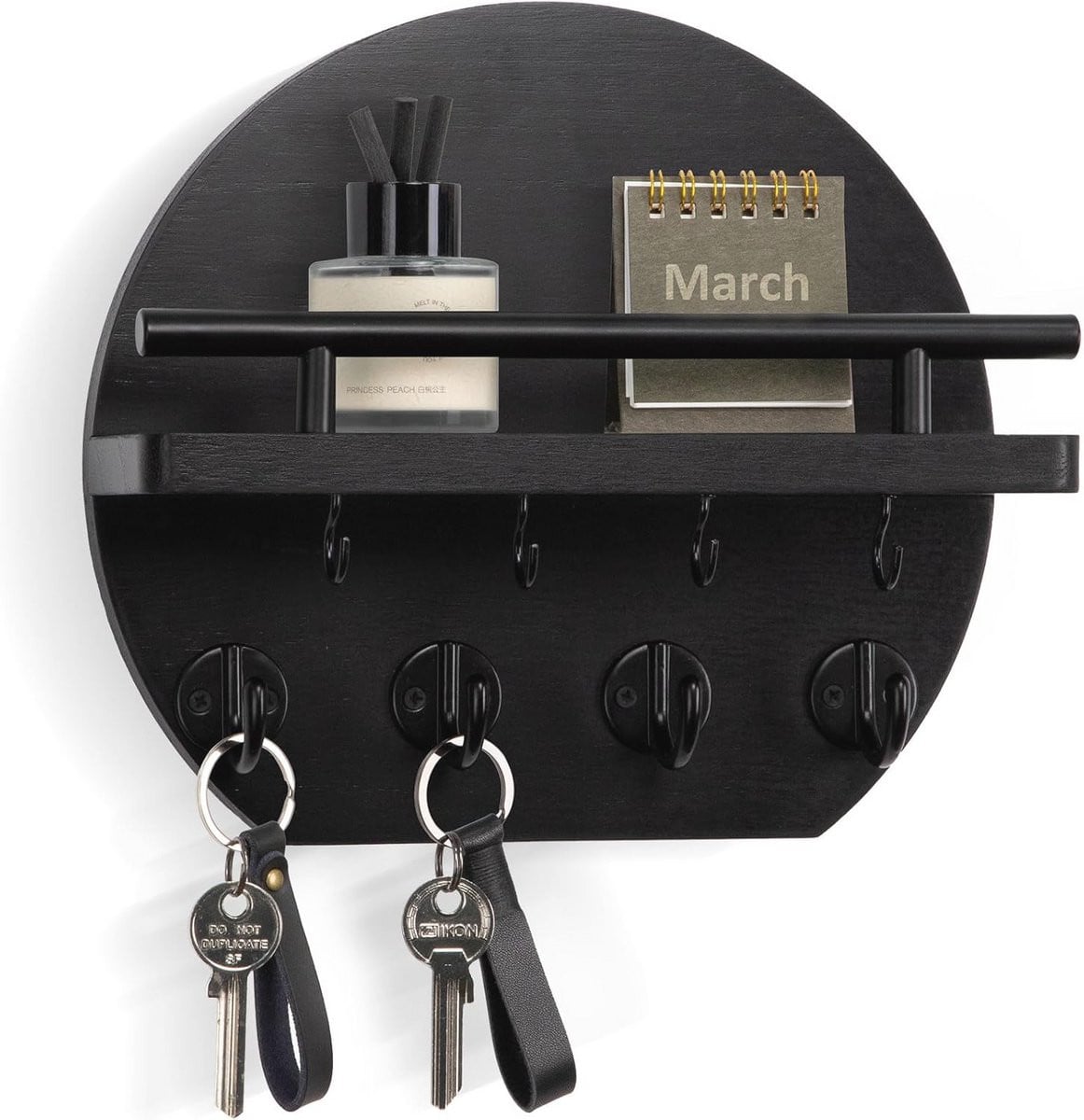 Zwarte Sleutelhouder Wanddecoratie met Plank en Haken - Cirkel 25 cm