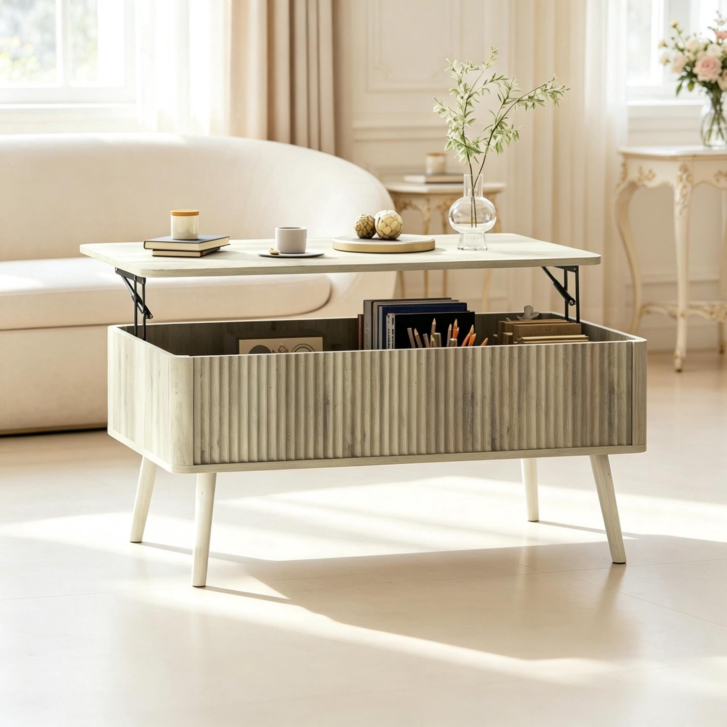 CHICFURN Salontafel met lift-mechanisme en 2 verborgen vakken, Eikenkleur, Breedte: 91 cm