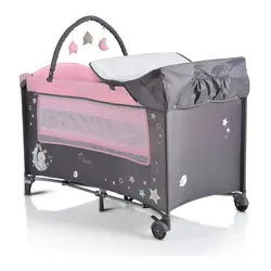 Moni Reisebett Sleepy Rollen, Wickelauflage, Matratze, Spielbogen, Seiteneingang grau pink