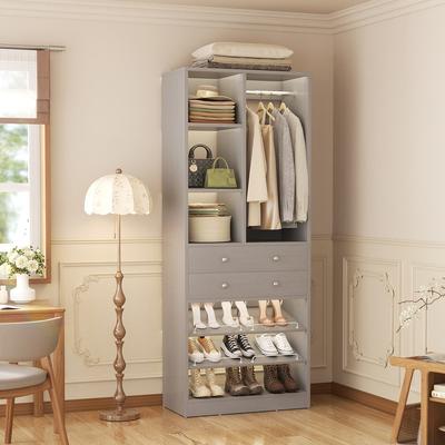 Rackcog Grimm 28'' Closet Organizer with Shoe Racks and Drawers, Closet System with Hanging Rod and Adjustable Shelves