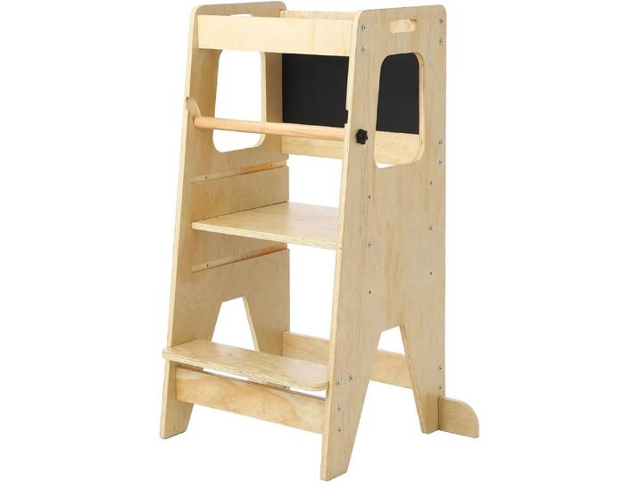 Garvee Tabouret de cuisine 3-en-1 réglable pour enfants avec tableau noir, tour d'apprentissage pour tout-petits avec barrière de sécurité anti-chute, plateforme en bois antidérapante supportant 68 kg