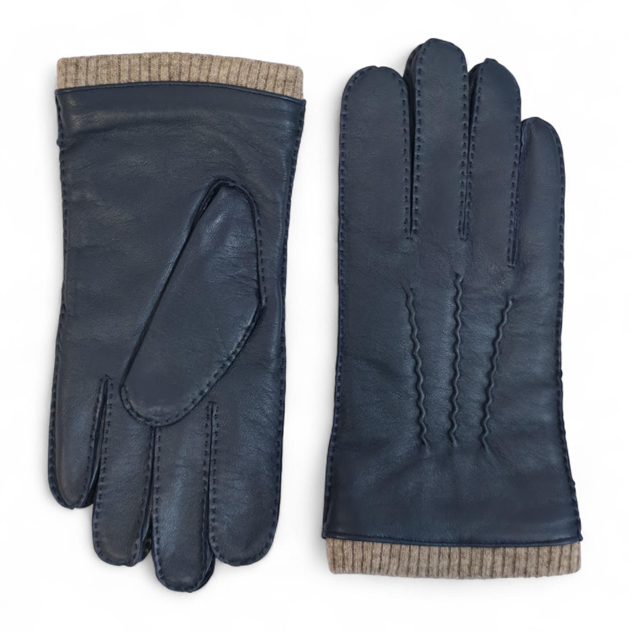 Herrenhandschuhe aus marineblauem italienischem Leder mit warmem Wollfutter, ideal für Winter, Reiten und Autofahren.