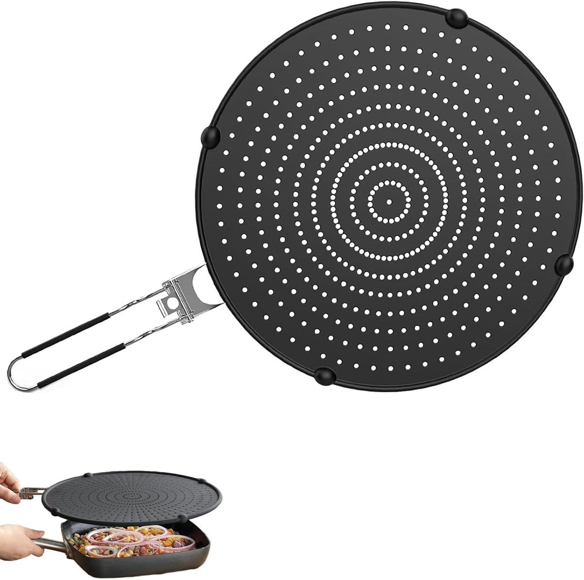 Multifunctioneel spatdeksel van roestvrij staal en silicone met opvouwbare handgreep, 32 cm, universeel spat scherm voor koekenpannen