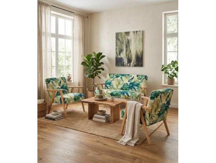 Family Meble Sitzgruppe Soler Poly – Zweisitzer-Sofa und 2 Sessel im Retro-Stil – Variante Flowers Poly 1