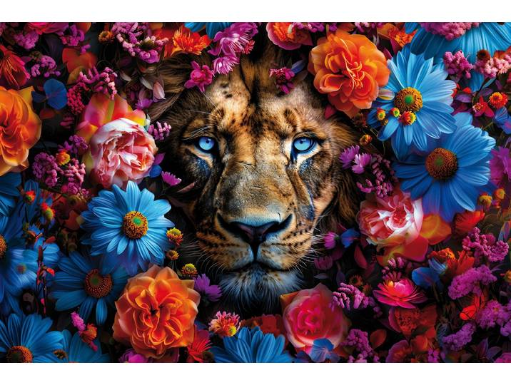 Leinwandbild BÖNNINGHOFF Wandbild LÖWE BLUMENKRANZ 60x90 cm – Leinwandbild Keilrahmen Deko , beige (farbe bild(er): beige, blau, orange, pink), B:90cm H:60cm T:1,8cm, Canvas, MDF, Bilder, Leinwandbild, auf Keilrahmen gespannt