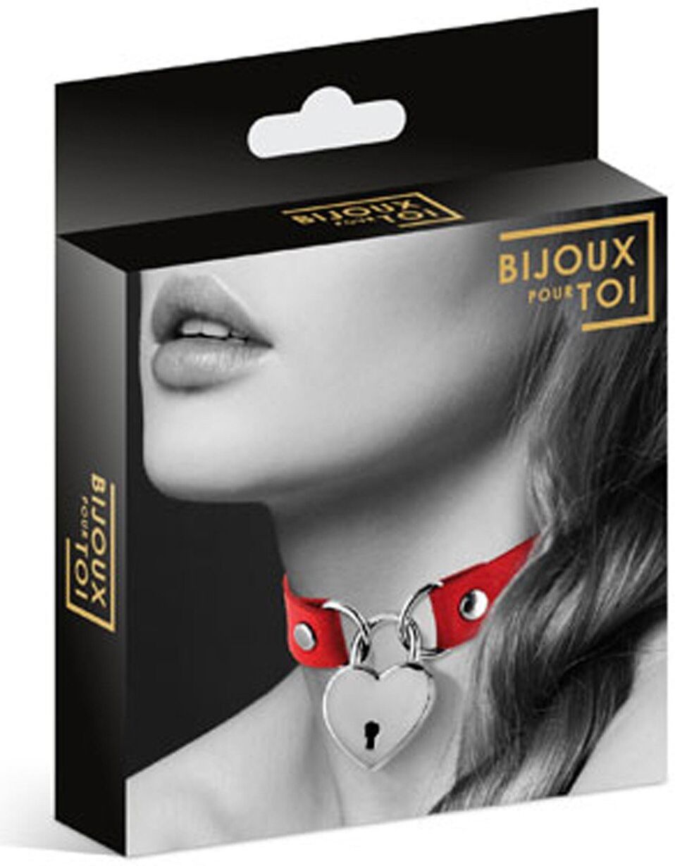 Bijoux Pour Toi Collier en cuir rouge SM avec pendentif cadenas coeur argenté