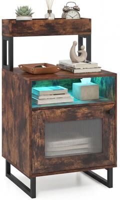 Costway Nightstand with LED Lights Modern End Table with Top Tray Open Compartment and Storage Cabinet-Rustic Brown