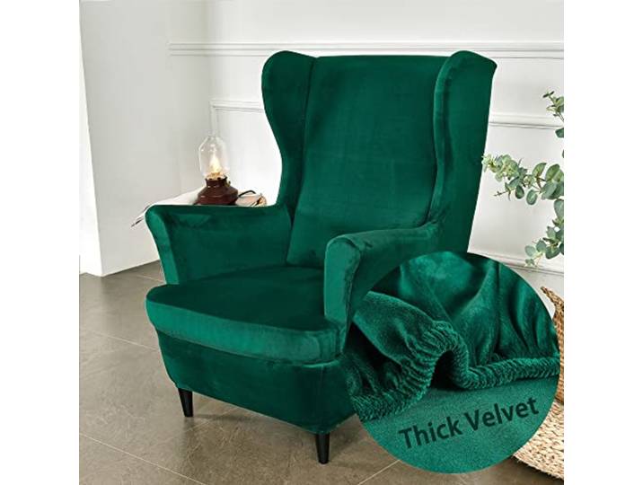 Highdi Velours Housse de Fauteuil à Oreilles Extensible 2-Pièces Couverture de Fauteuil avec Housse de Coussin en T\, Couleur Unie Mode Strandmon Housse de Fauteuil Antidérapante (Vert foncé)