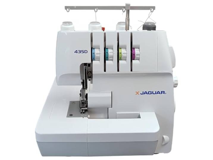 Jaguar 435D Surjeteuse Overlock\, 3/4 fils\, enfilage codé par couleur\, transport différentiel\, coupe-fil automatique\, bras libre\, blanc.