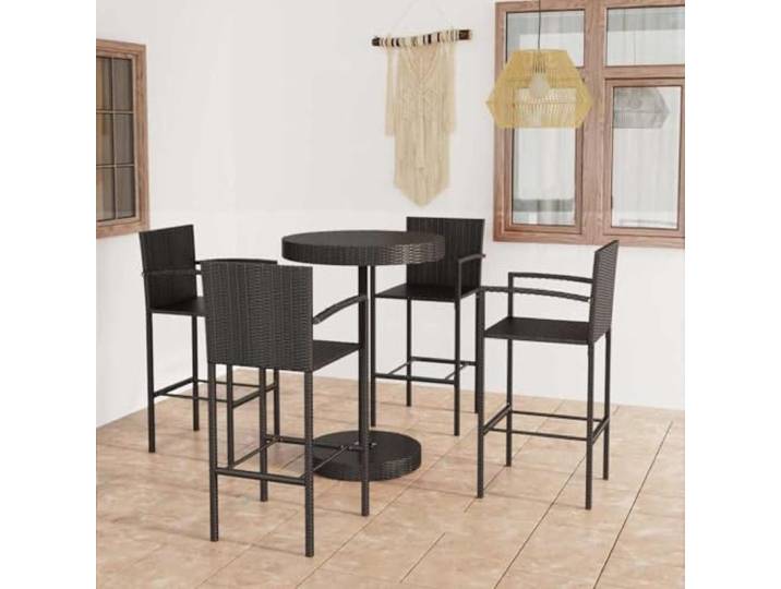 Résine tressée imperméable Bar de jardin Familial Noir 36.5cm Ensemble de bar de jardin 5 pcs Résine tressée Noir avec repose-pieds, table ronde en acier robuste, pour terrasse balcon