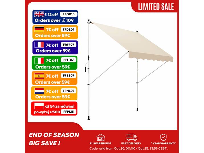 Store à Pince en Aluminium avec Manivelle, Réglable en Hauteur, Polyester, pour Balcon Jardin Terrasse Beige