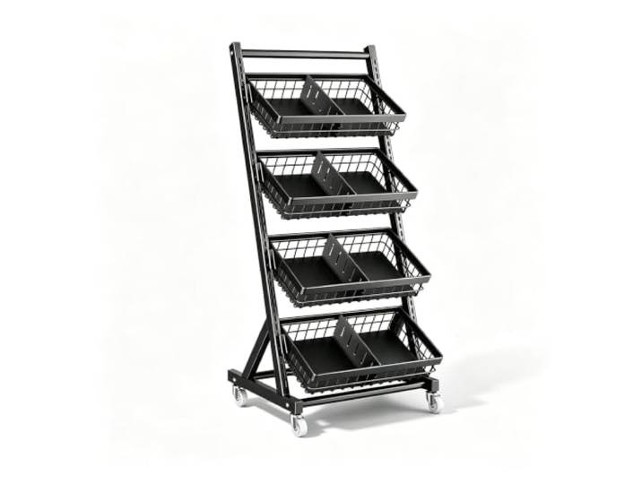 3/4/5-stöckige Verkaufsregale mit Rollen, Süßwarenständer aus Metall Freistehendes Snack-Regal-Display mit abnehmbaren Trennwänden, für Laden, Supermarktregal, Küche(4 baskets)