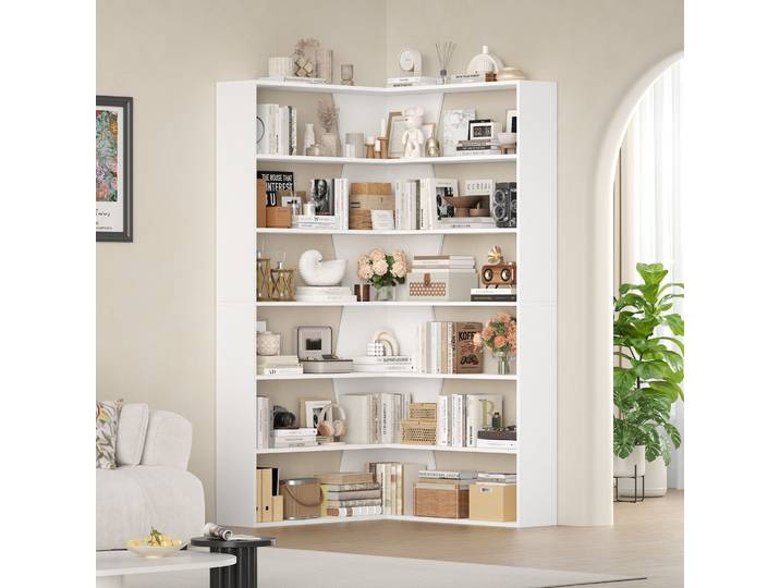 Getone Bibliothèque d'Angle 190cm Bibliotheque Meuble de Rangement Bibliothèque avec 6 étagères de Rangement Bibliothèques pour Salon Chambre Bureau 90x90x190.5cm Blanc/Noir