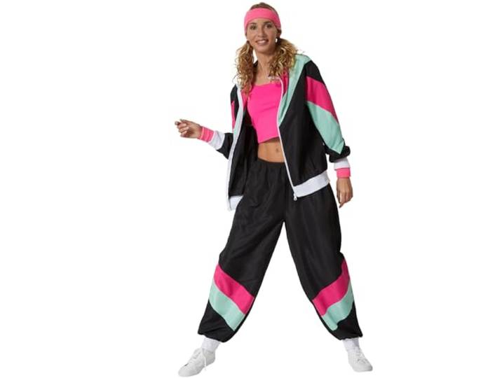 Dressforfun - Dameskostuum retro 80er 90er jaren joggingpak - Trainingspak - Carnaval - Verkleedkleding - Feestkleding - Zwart met felle kleuren - M