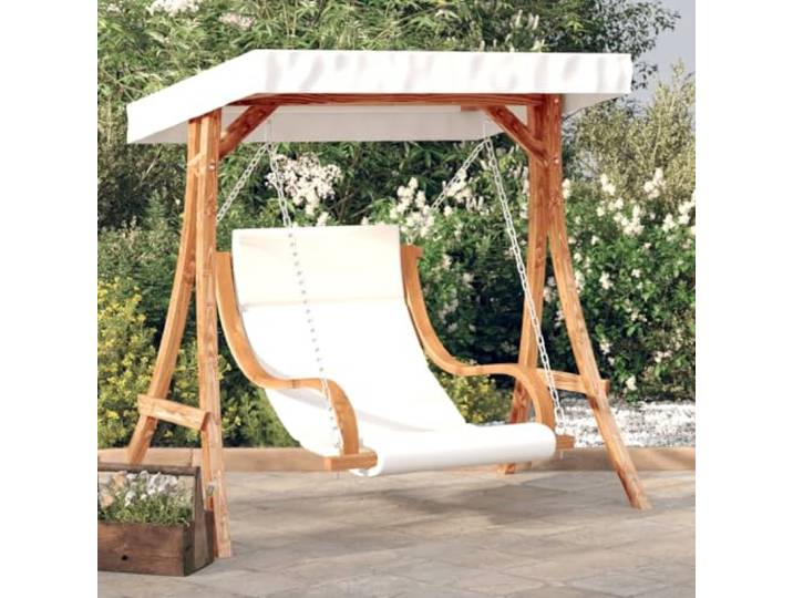 Schaukelstuhl aus massivem Fichtenholz mit Kissen und Sonnendach Massives Fichtenholz, Teak-Finish, ergonomische Rückenlehne, weiches Kissen, schützendes Sonnendach, beruhigendes Schaukeln,