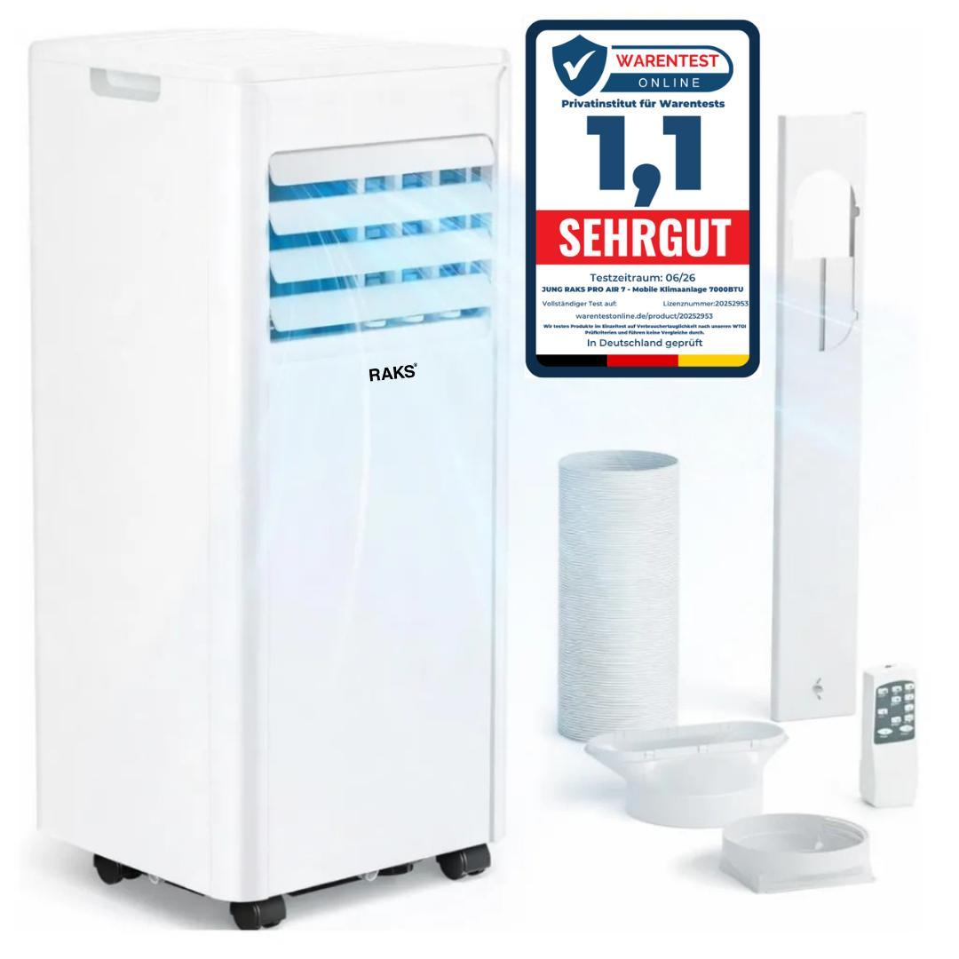 JUNG RAKS PRO AIR 7 Mobile Klimaanlage 7000 BTU | 2,1 kW, R290 Kältemittel, A, Ventilatoren & Entfeuchter, 14 m² Kühlung, 24h-Timer