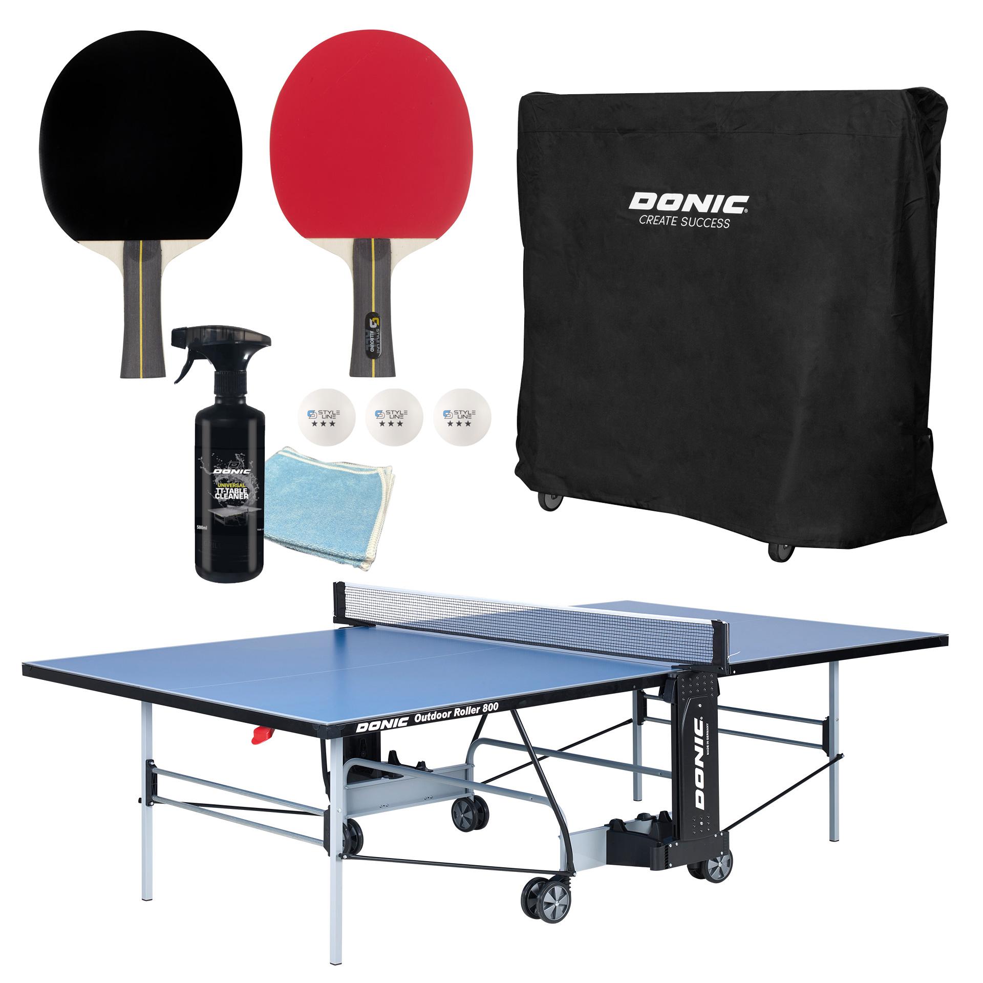 Donic Outdoor+Indoor Tischtennisplatte Roller 800, inkl. Abdeckhülle, 2 Tischtennischläger, 3 TT-Bälle, Tischreiniger, Ball-, Schlägerhalter, TT-Netz