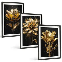 BILDER SET 3er Set - 40x60 cm Schwarzer Rahmen - Gelbe Blüten auf dunklem Hintergrund