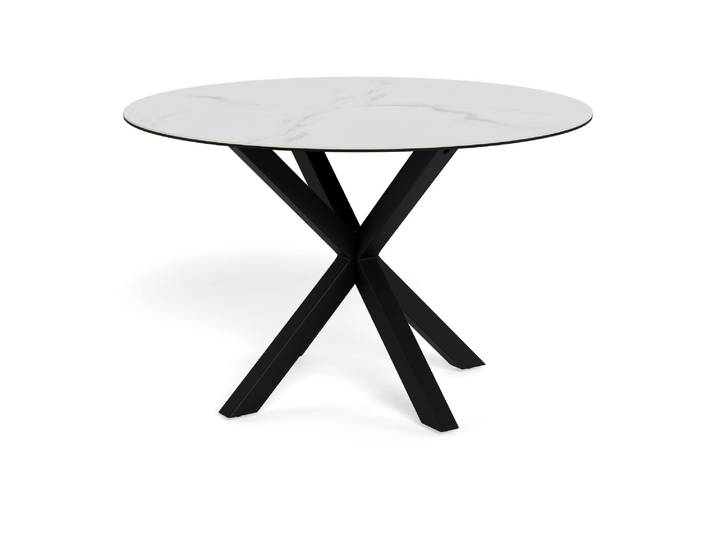 Esstisch ACTONA GROUP Heaven, runde Tischplatte aus Keramik o. Glas & belastbar bis 100 kg , schwarz (weiß arkane, matt schwarz, weiß), B:119cm H:75,5cm T:119cm, Tische, Esstisch, Tischplatte aus rauer Keramik, schwarz gestell, Rund, 119x75,5