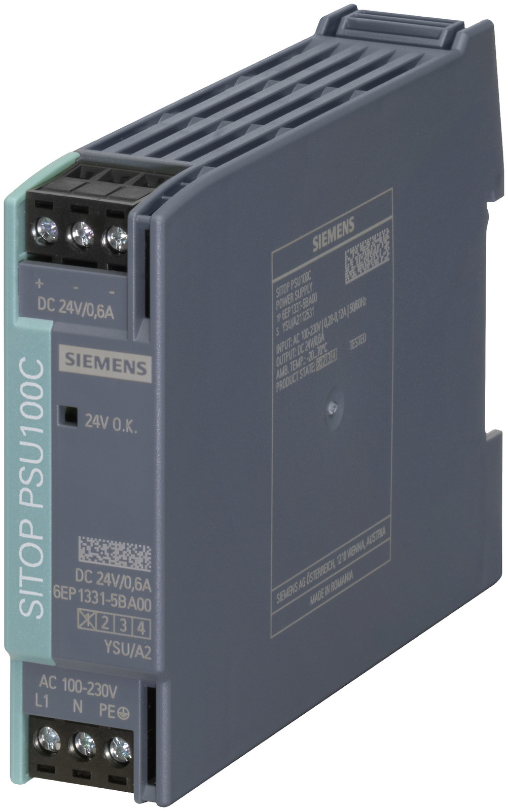 Siemens SITOP PSU100C 6EP13315BA00 gereguleerde voeding, 24V, 0,6A, ingang 100-230VAC
