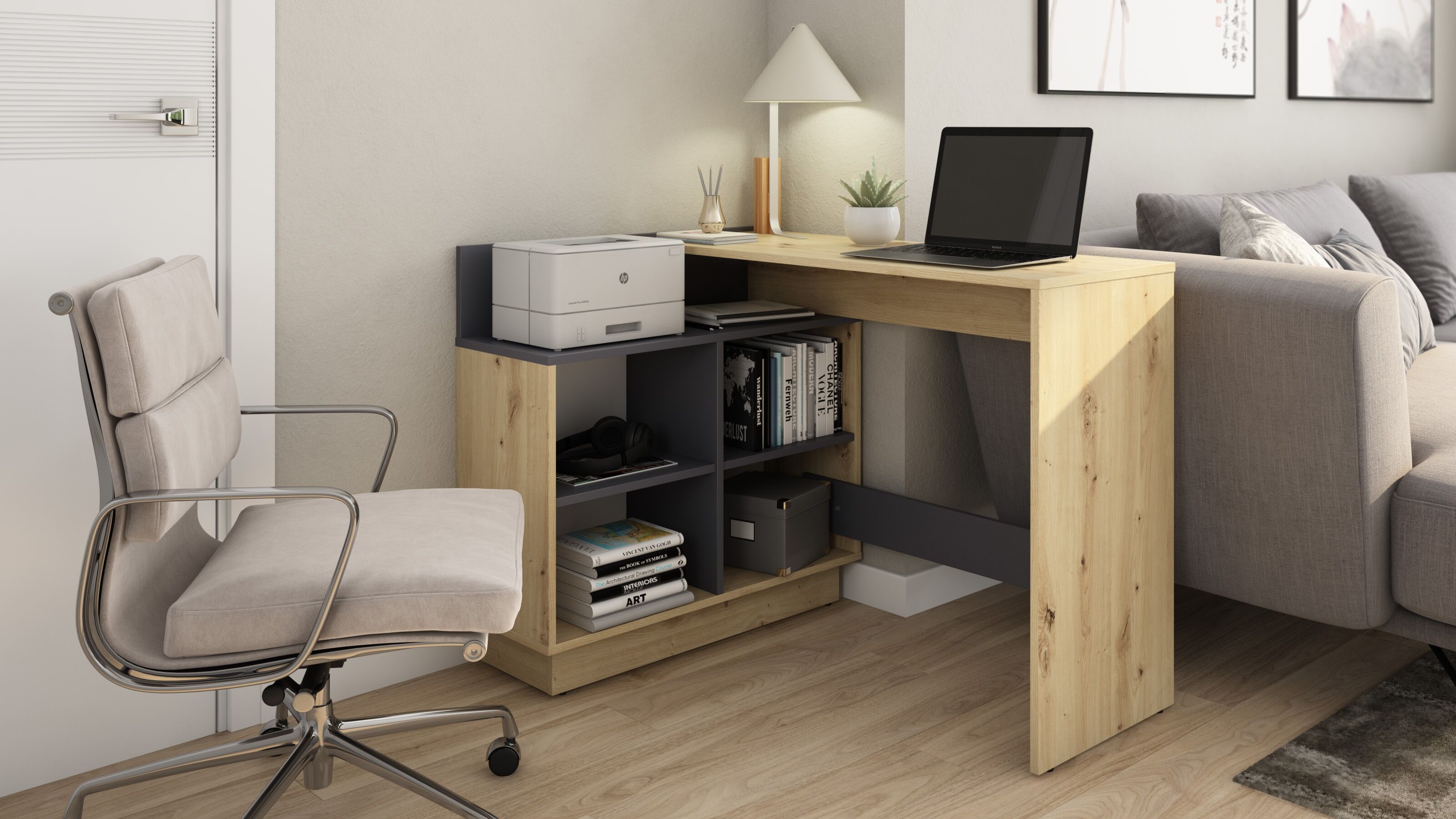 Eckschreibtisch BYLIVING "Bern", braun (artisan eiche, graphit), B:102cm H:77,5cm T:80cm, Tische, Eckschreibtisch, platzsparender Schreibtisch, rechts und links montierbar, 102x80cm. artisan eiche, graphit B/H/T: 102cm x 77,5cm x 40cm, Artisan Eiche / gra