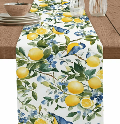 Uplift Curations Lemon Tree & Blue Birds Linen Table Runner Vintage Coastal Dining Decor 70.8x13inch