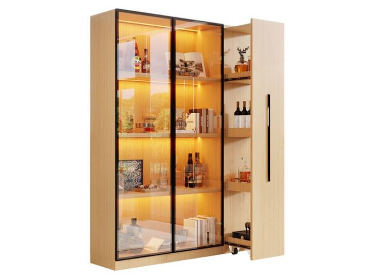 Meuble vitrine LED 110 5x35x160 cm aspect chêne porte vitrée rangement coulissant en MDF FOLYNA