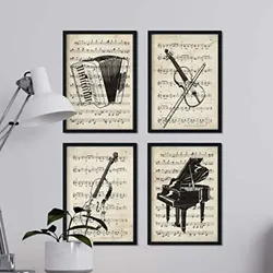 POSTER Set mit 4 Instrumente mit Noten Klavier, Geige, Cello, Akkordeon A4 Schwarzer Rahmen