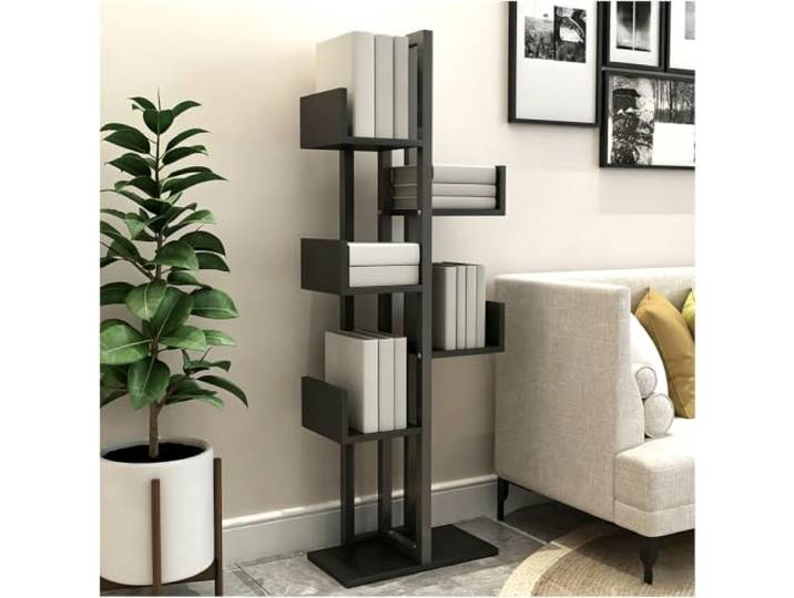 zhangrui1888 Büro-Wohnzimmermöbel 6-Tier Bookshelf and Bookshelves Wood and Metal Tree Bookcase Eckregal(Schwarz)