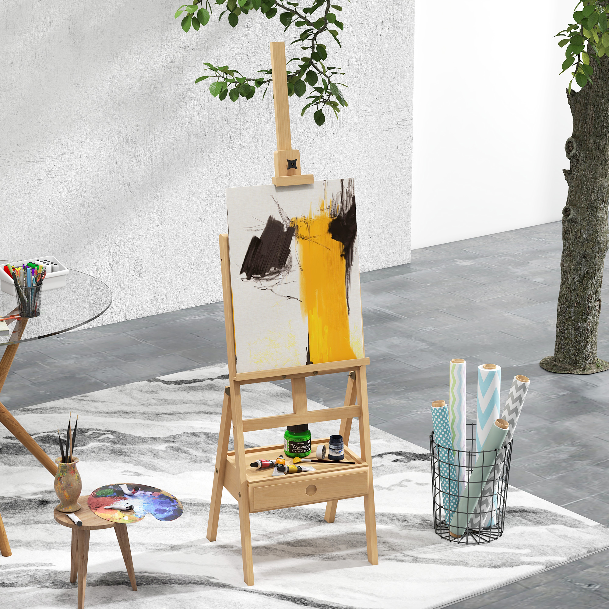 Vinsetto Cavalletto da Pittore ad Altezza Regolabile con Cassetto, in Legno di Faggio, 43.5x43x150-190 cm   Aosom Italy