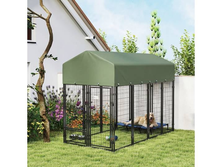 PawHut Enclos Chien Acier Extérieur Toit Oxford Vert 2 Bols