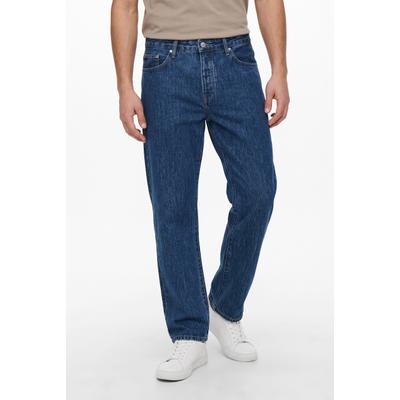 Straight-Jeans ONLY & SONS "ONSEDGE STRAIGHT DNM", Herren, Gr. 30, Länge 30, blau (medium blau denim), Denim/Jeans, Obermaterial: 100% Baumwolle, Abriebeffekte, straight fit lang, Jeans Straight-Jeans, Baumwolle, straight fit