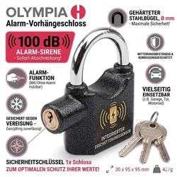 OLYMPIA S 100 Vorhängeschloss mit Alarmfunktion und Erschütterungssensor, 100 dB