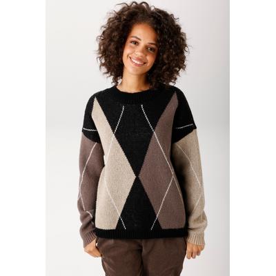 Strickpullover ANISTON CASUAL, Damen, Gr. 44, braun (schwarz, beige, braun, weiß), Strick, Obermaterial: 100% Polyester, Jacquardmuster, Rautenmuster, oversize hüftlang, Rundhals, Rippstrickbündchen, Pullover Strickpullover, mit großflächigem...