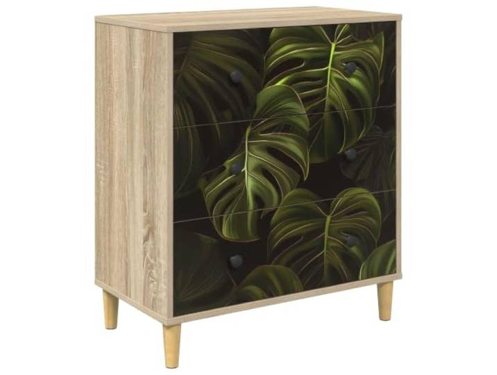 Foknhdi Kommode ELBURG 3 Schubladen Sonoma Palmblattmuster 66x36,5x75cm Stilvoller Beistellschrank fürs Wohnzimmer mit 3 geräumigen Schubfächern, dekorativer Front und bodennahem Freiraum.