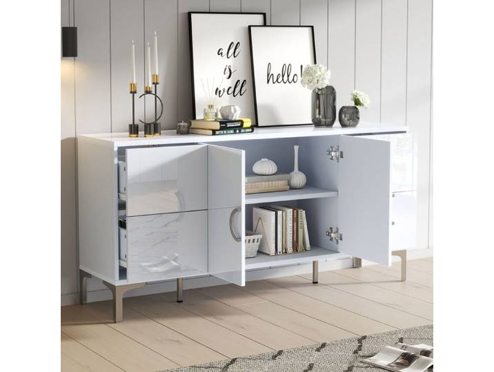 MIVRAY Buffet et enfilade avec 4 Tiroirs et 2 Portes Laqué Brillant pour Salon en MDF Blanc 150×38×59 5 cm