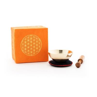 Mini-Klangschale in orangener Box mit 'Blume des Lebens' Aufdruck