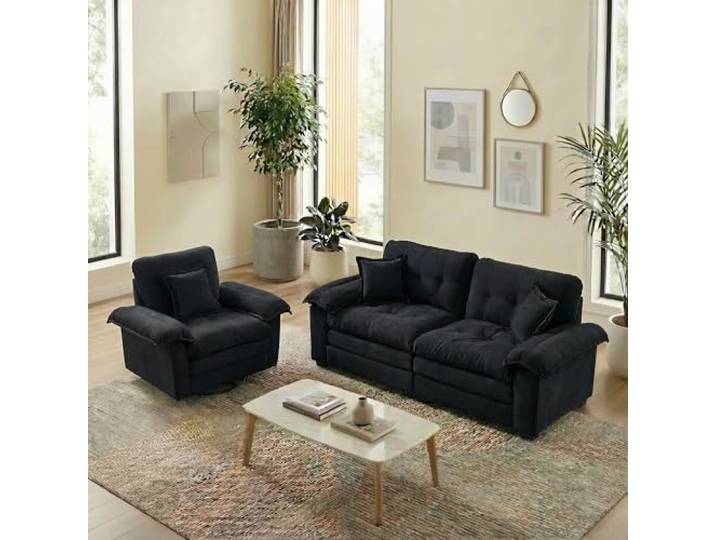 Ball & Cast Chenille Couch Set, Mini Sofa mit 360° drehbarem Sitzsessel und Loveseat für Wohnzimmer, Schlafzimmer, Wohnung & Büro, Schwarz