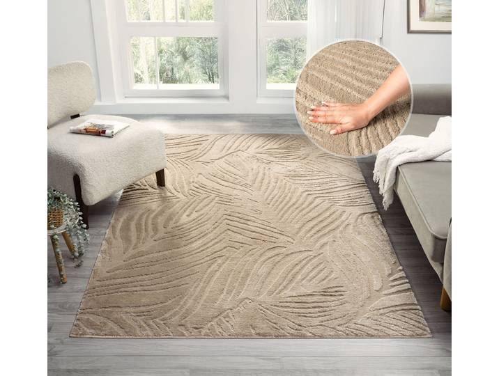 Teppich GOODPRODUCT Samia, Hoch-Tief-Struktur , beige, B:200cm H:19mm L:300cm, Kunstfaser, Teppiche, Teppich, leichter Glanz, Floral, Blätter, Modern, Wohnzimmer, Schlafzimmer
