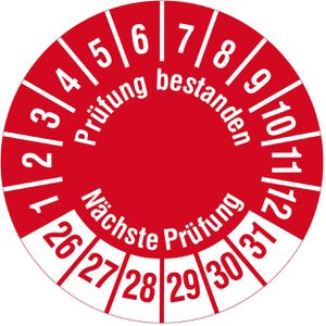 Böttcher-AG Prüfplaketten Prüfung bestanden, Nächste Prüfung, 2026-2031, rot, Ø 30 mm, 1.000 Stück