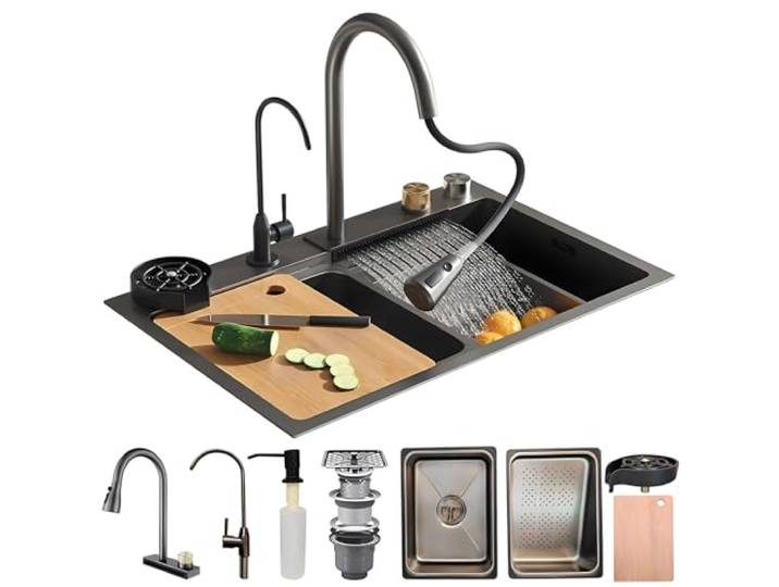 KOOGIMDDR 80x45cm Wasserfall Spüle Edelstahl, Spülbecken Schwarz, Spüle Küche mit Zubehör wie ausziehbare Wasserhähne, Küchen Spülbecken Einbau von Oben 1 Becken Einbauspüle Wie