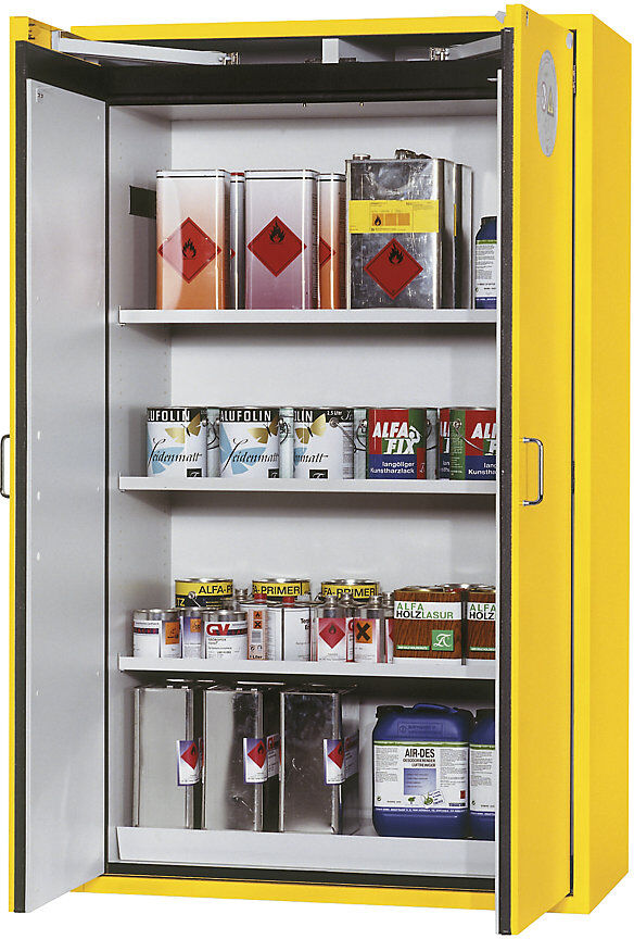 Feuerbeständiger Gefahrstoffschrank Typ 90, 2-türig, Außen-HxBxT 1968 x 1200 x 615 mm, gelb, pulverbeschichtet asecos